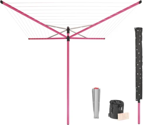 Brabantia Lift-O-Matic Droogmolen Met Metalen Grondanker, Beschermhoes, Wasknijpertasje En Wasknijpers - 50 M - Spring Pink -Brabantia Winkel